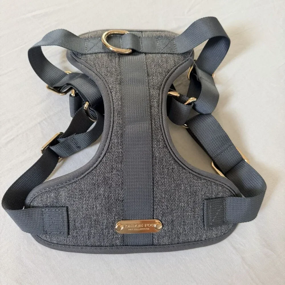 London Fog Pet Collection Dog Harness Gray Gold Hardware Size M Adjustable